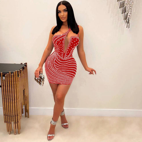 Oblique Shoulder Hot Drill Hip Bag Sleeveless Dress